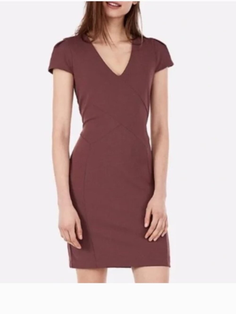 EXPRESS Mauve V Neck Sheath Dress Seamed Detail Stretch Lined Size L NWT